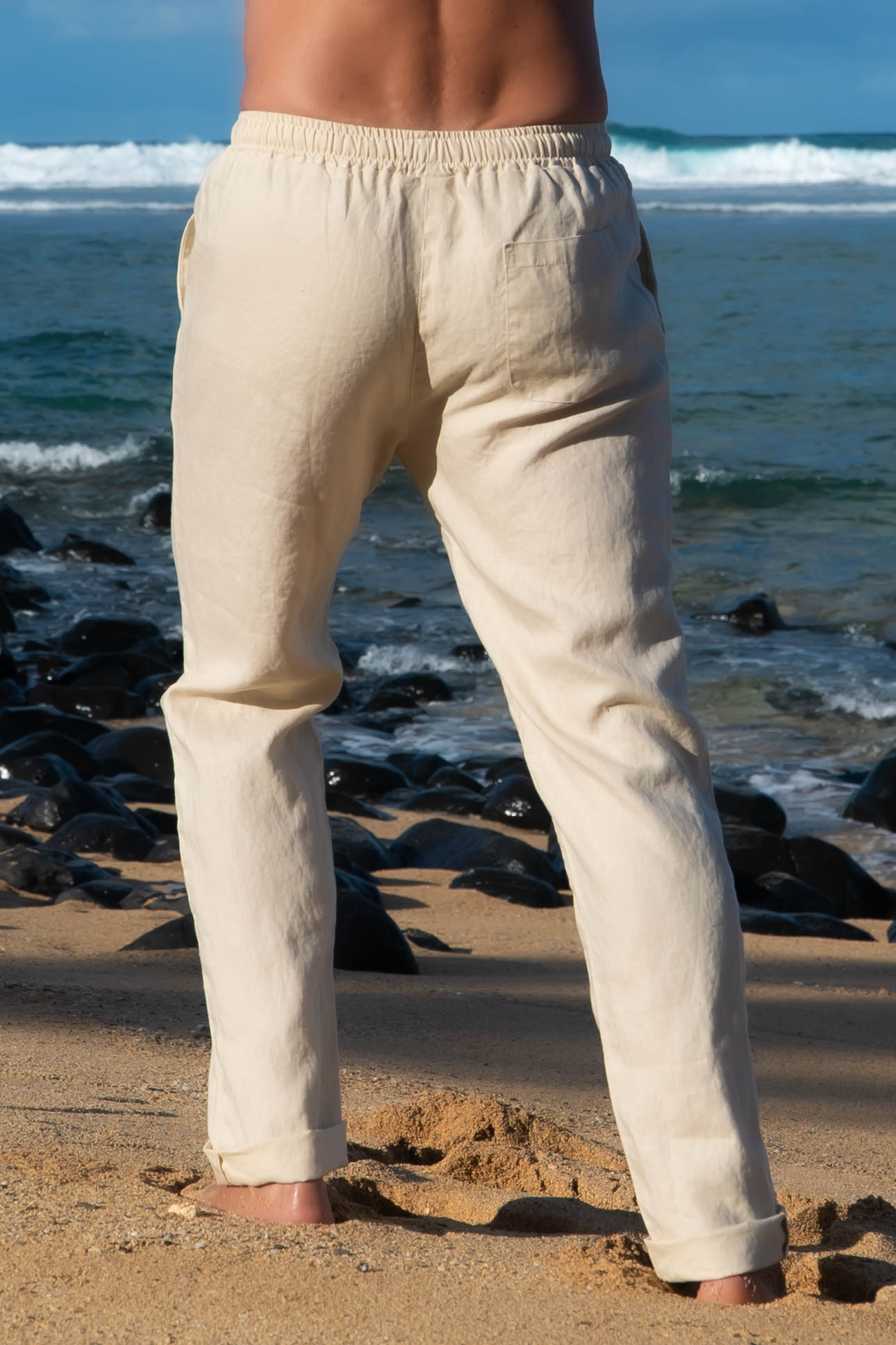 Men's Linen Drawstring Loose Fit Ivory Pants - Island Importer