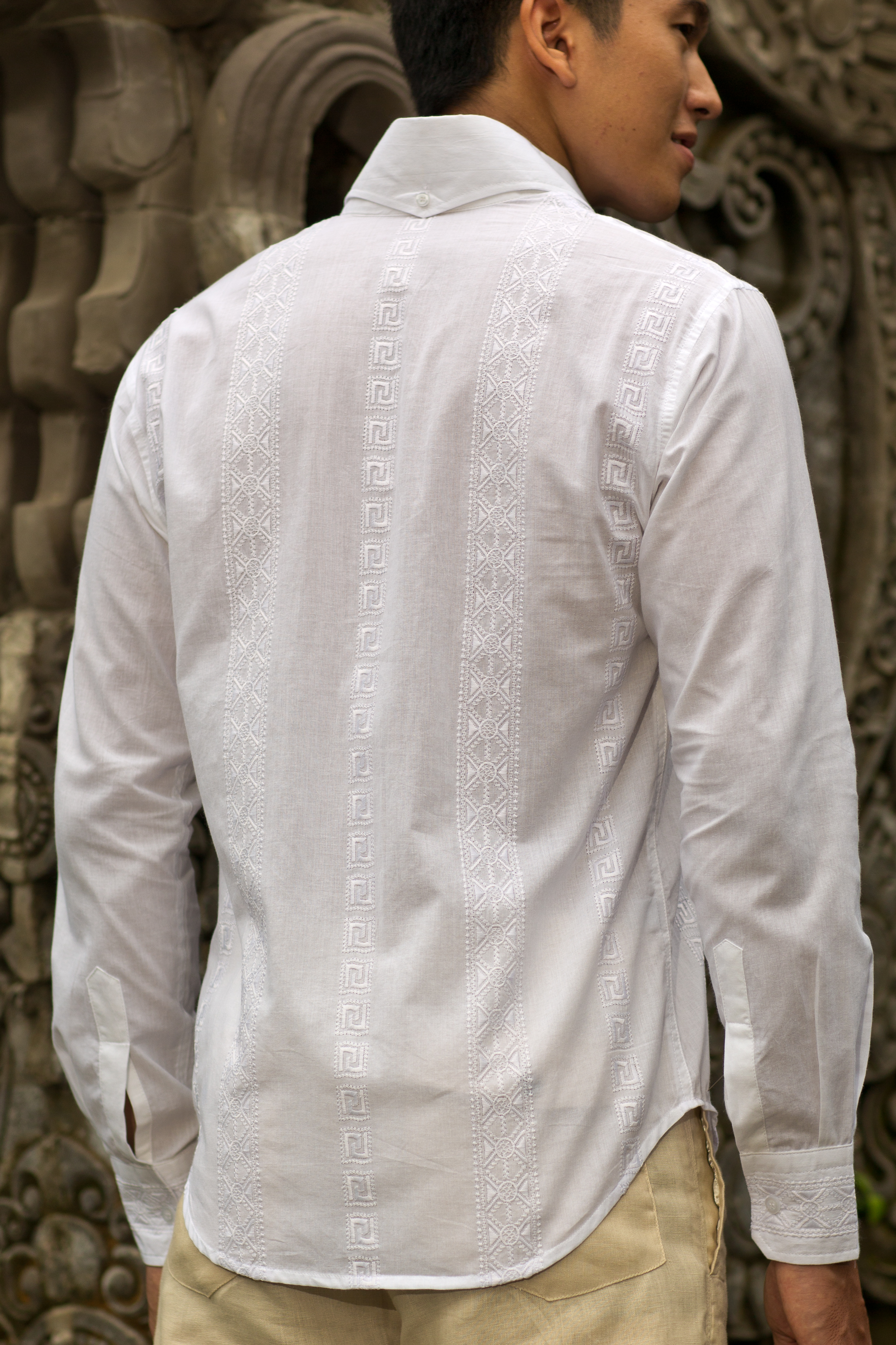 Men's Cotton White Long Sleeve Textured Panel Shirt Beach Wedding