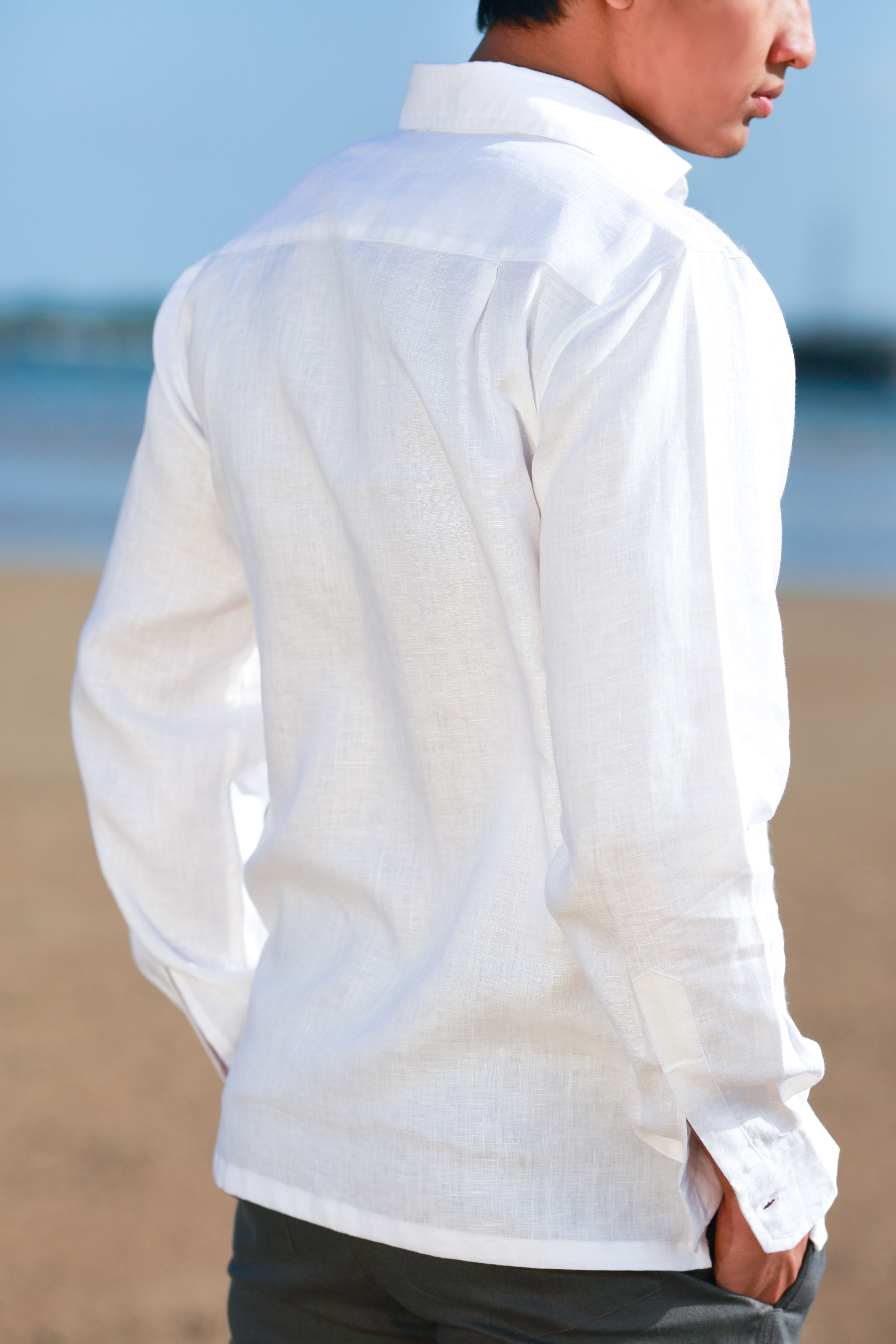Men's White Linen Long Sleeve Shirt - Hand-Stitched Design - Island ...