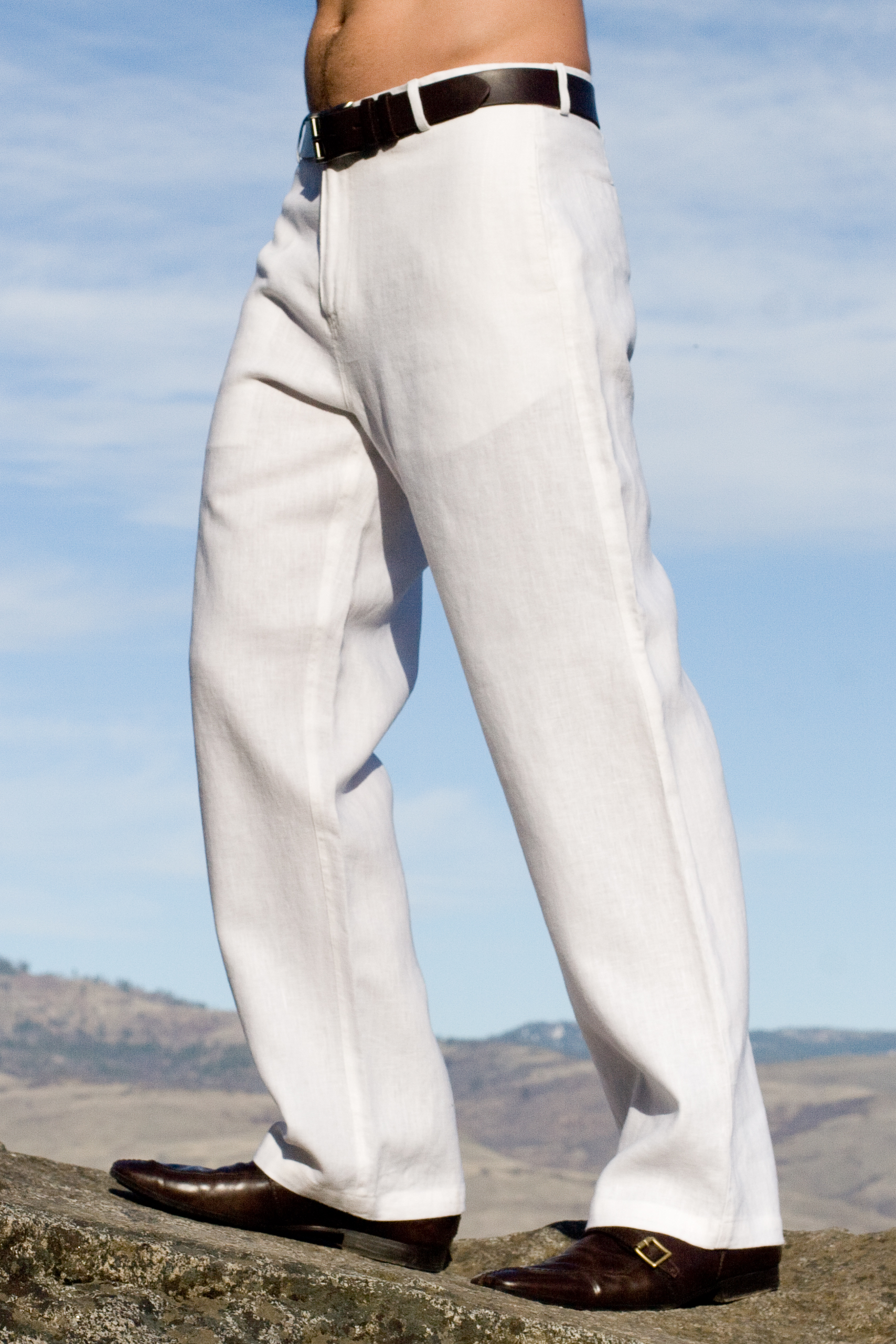 white beach linen pants