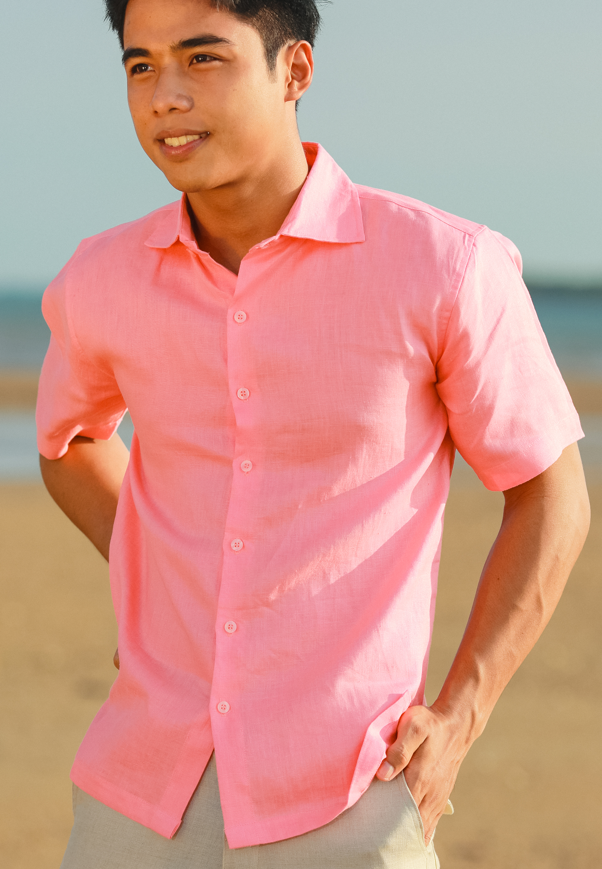 Men's Linen Short Sleeve Italian Shirt - Dark Pink - Beach Wedding
