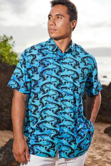 Men's Shark Batik Island Hawaiian Short Sleeve Rayon Shirt - Island Importer