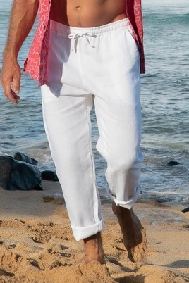Mens Cotton Linen Shorts Summer Beach Hawaiian Drawstring Waist Short Pants  *